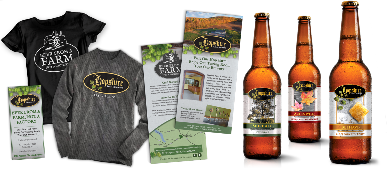 A collection of branding materials for Hopshire Farm and Brewery which included business cards, product labels, informational brochures, and clothing branding