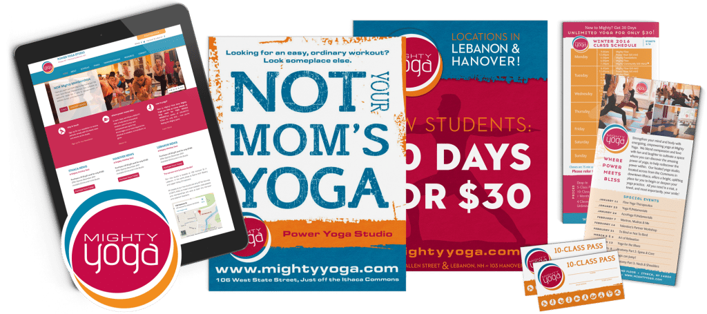 A collection of branding materials for Mighty Yoga which included punch card, rack cards, brochure, logo, and website design