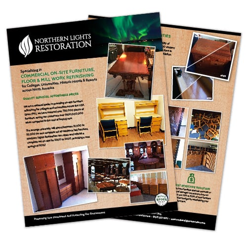 Flyer Design | Northern Lights Restoration | focused target market of restoration, flooring, wood work, and environmentally friendly | restoration business located in Spencer, NY