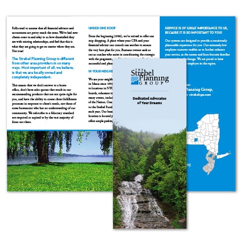Brochure Design | The Strebel Planning Group | focused target on tax preparations, planning, accounting, investment, and business coaching | business located in Ithaca, NY