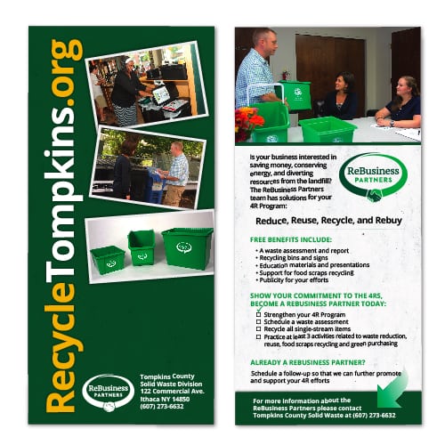 Rack Card Design | Tompkins County Recycling Center | target market focused on recycling, waste management and reduction, hazardous waste, Tompkins County residents | solid waste management division located in Tompkins County, NY