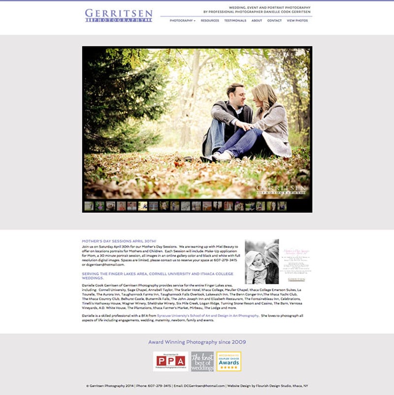 Website Design | Danielle Gerritsen Photography | target market focused on photography, weddings, engagements, and portraits | photography business located in Ithaca, NY