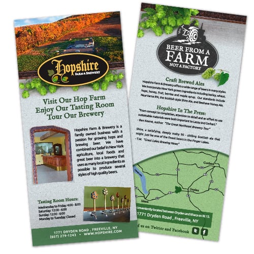 Rack Card Design | Hopshire Farm and Brewery | focused target market of local, breweries, farm grown, drinking, tasting, event hosting, and entertainment | local brewery located in Freeville, NY | member of the Finger Lakes Beer Trail