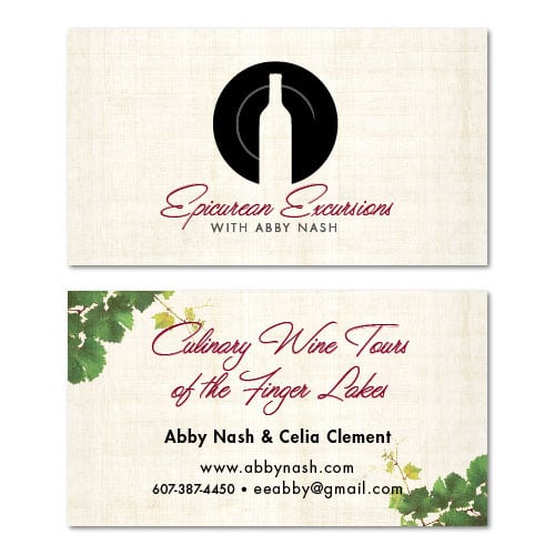 Business Card Design | Epicurean Excursions |focused target market on tourism of the Finger Lakes, guided visits, wineries, restaurants, deluxe accomodations, and wine education events | small wine centered business located in Ithaca, NY