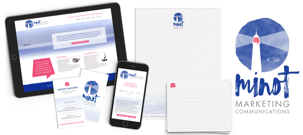 A collection of branding materials for Minot Marketing Communications which included business card, logo, notepad, notecards, and website