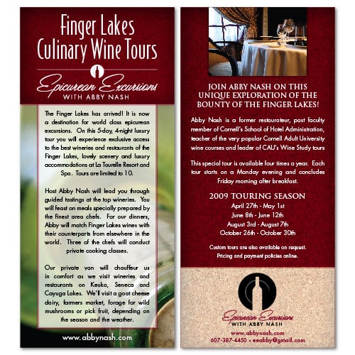 Rack Card Design | Epicurean Excursions with Abby Nash | focused target market on tourism of the Finger Lakes | guided visits, wineries, restaurants, deluxe accomodations, and wine education events | small wine centered business located in Ithaca, NY