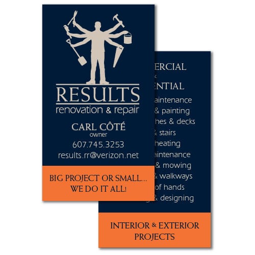 Business Card Design| Results Renovation and Repair | target market of custom carpentry, residential and commercial contruction, home repairs, home maitanance, remodeling, and renovation services | repair and renovation business located Groton, NY