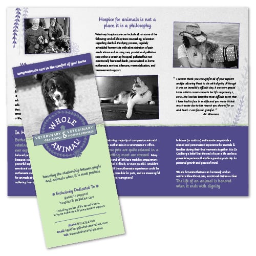 Brochure Design | Whole Animal | target market of veterinary geriatrics, palliiative care, and veterinary hospice services | business located in Ithaca, NY