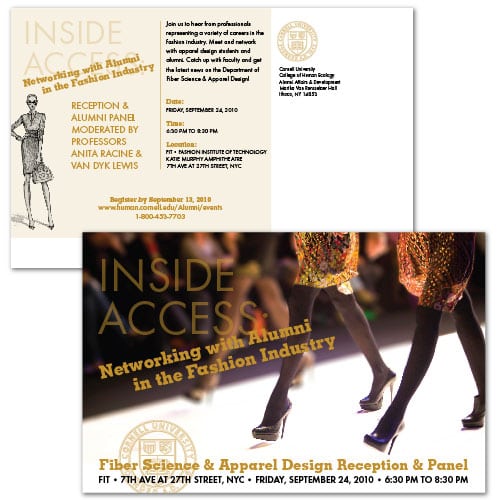 Event Invitation, Postcard Design | Cornell University Inside Access |target market focused on fashion and apparel design | event located in Ithaca, NY