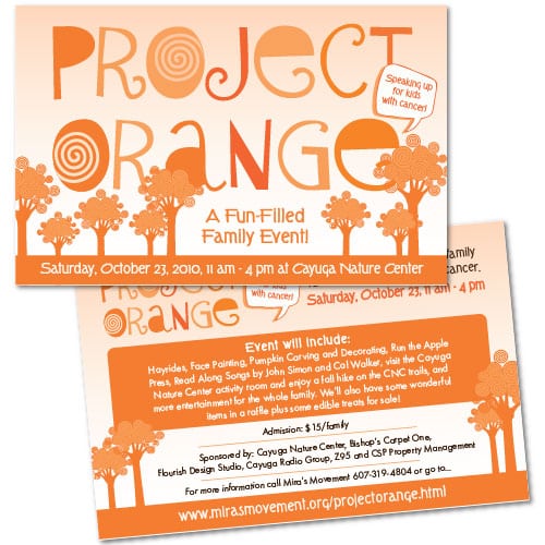Non- Proft Event Invitation, Postcard Design | Project Orange | Miras Movement | target market focused on childhood cancer, central New York| Non- Profit event located in Ithaca, NY
