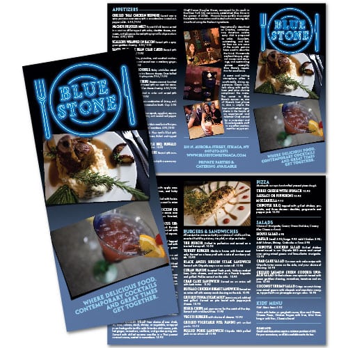 Brochure Design | Blue Stone | target market focused on dining, and food | restaurant located in Ithaca, NY