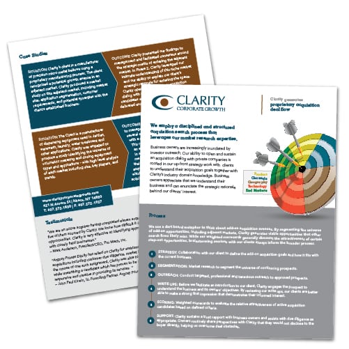 Flyer Design | Clarity Corporate Growth | focused target market of advisement and market research| business located in Ithaca, NY