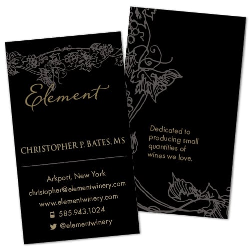 Business Card Design | Element Winery | founded by Bob Bates and Christopher Bates, Master Sommelier | target market of wine tasting, grape growers, wine makers, and New York Wineries | located in Arkport, NY