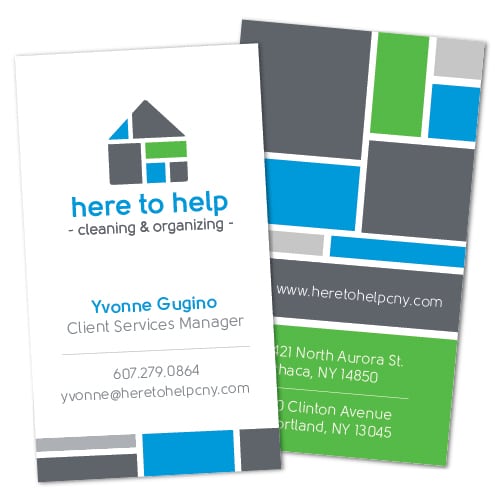 Business Card Design | Here to Help ||target market of cleaning services, orginizational expertise, household needs | business located in Ithaca, NY