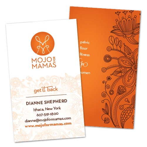 Business Card Design| Mojo For Mamas | target market focused on health, fitness, and mothers | business located in Ithaca, NY
