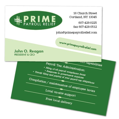 Business Card Design | Prime Payroll Relief | target market on payroll services and businesses | business located in Cortland, NY