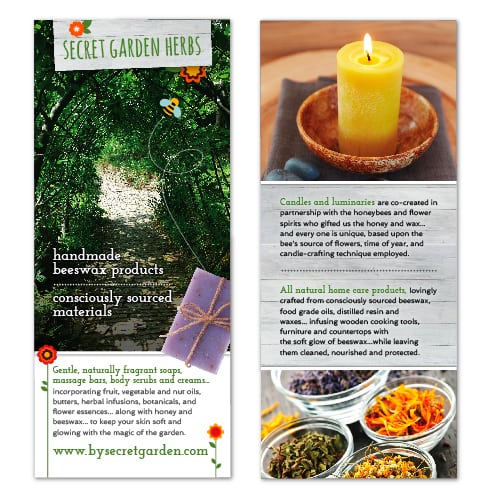 Rack Card Design | Secret Garden Herb | focused target market of handmade beeswax products and conciously sourced materials | small business located in Bayville, NJ