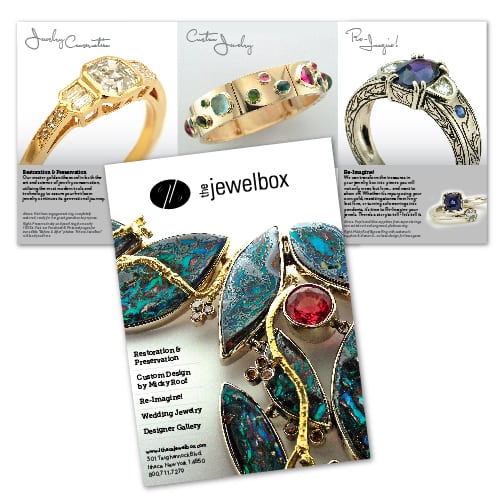 Brochure Design | The Ithaca Jewelbox | owned and operated by goldsmith Micky Roof | focused target market of men and women, jewelry, wedding and engagement rings, artisan jewelry, luxury hand crafted jewelry | jewelry boutique located on the waterfront in Ithaca, NY | home of the Finger Lakes Charm
