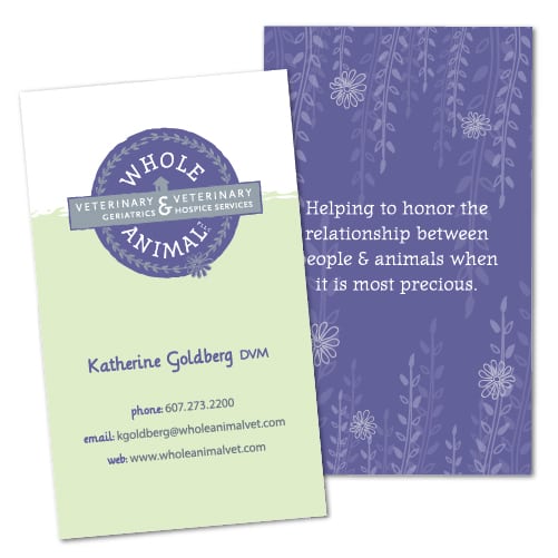 Business Card Design | Whole Animal | target market of veterinary geriatrics, palliiative care, and veterinary hospice services | business located in Ithaca, NY