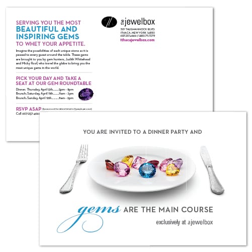 Event Invitation, Postcard Design | The Ithaca JewlboX | focused target market of men and women, jewelry, wedding and engagement rings, artisan jewelry, luxury hand crafted jewelry | jewelry boutique located on the waterfront in Ithaca, NY | home of the Finger Lakes Charm