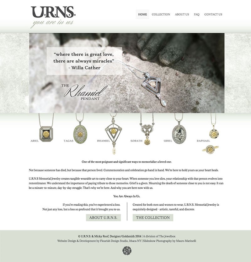 Website Design | URNS | owned and operated by goldsmith Micky Roof | focused target market of memorial jewelry, luxury hand crafted jewelry | located in Ithaca, NY