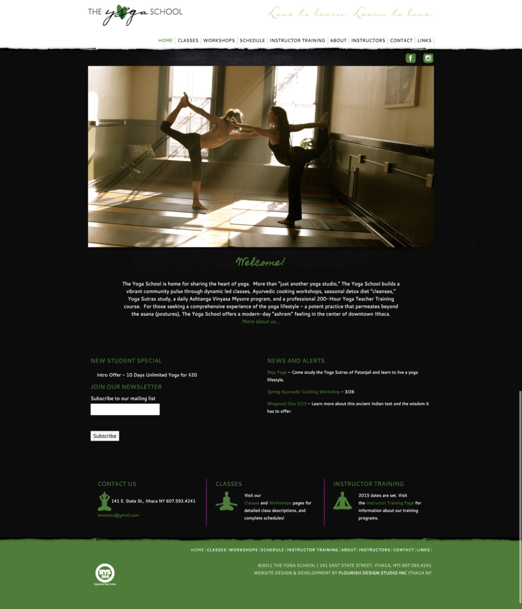 Website Design | The Yoga School | focused target market of yoga enthusists, training, and workshops | yoga school located in Ithaca, NY