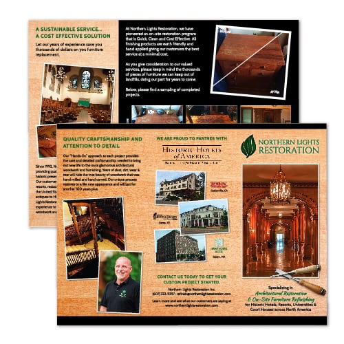 Brochure Design| Northern Lights Restoration | focused target market of restoration, flooring, wood work, and environmentally friendly | restoration business located in Spencer, NY
