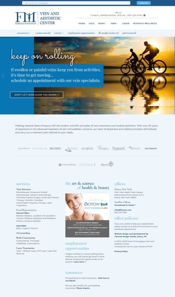 Aesthetic Medical Practice Website Design and Development | Ferrer & Monaghan Vein and Aesthetic Center | aesthetic and vein services provided by doctors and specialists | practice located in Ithaca, Vestal and Horesheads, NY